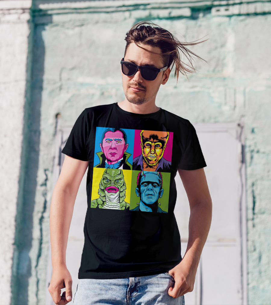 Dracula Frankenstein Wolfman Creature Horror Pop Art Icons T-Shirt