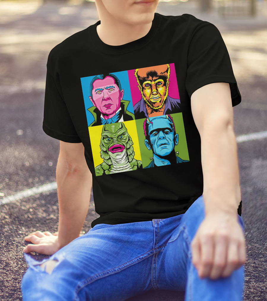 Dracula Frankenstein Wolfman Creature Horror Pop Art Icons T-Shirt