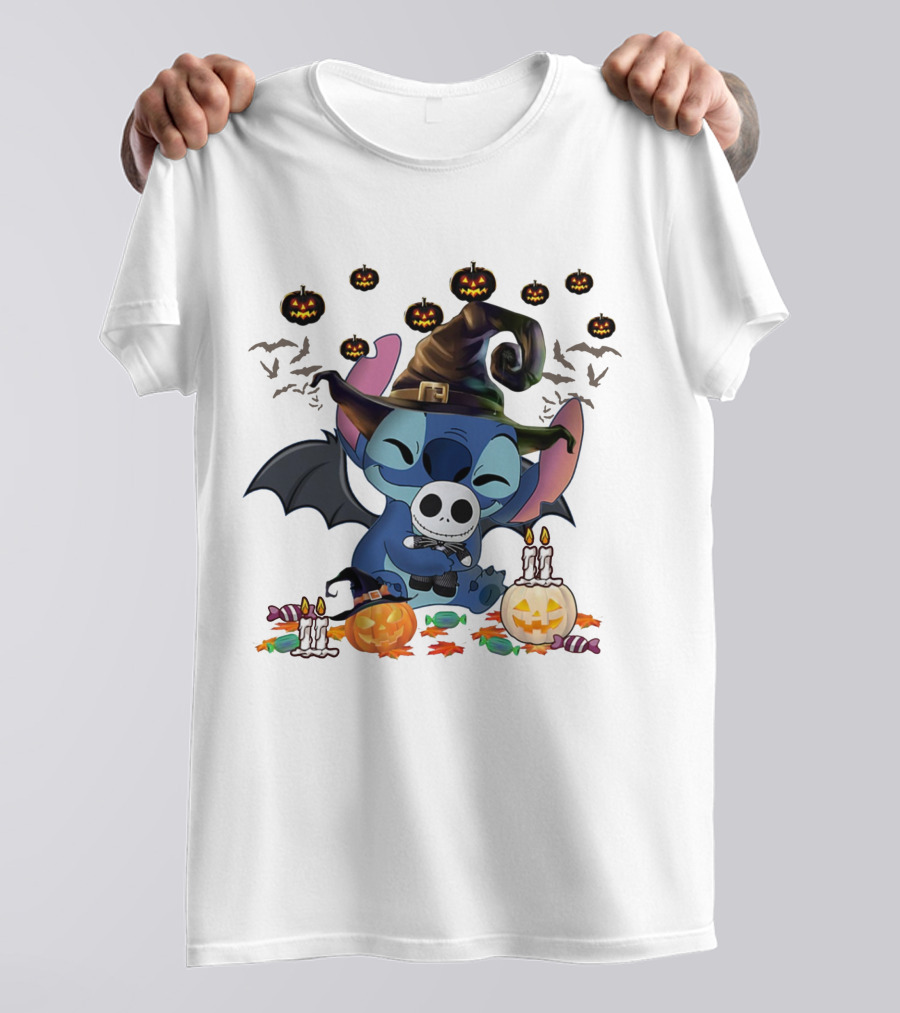 Halloween Stitch Witch With Baby Jack Skellington Surrounded By Pumpkins And Candy T-Shirt