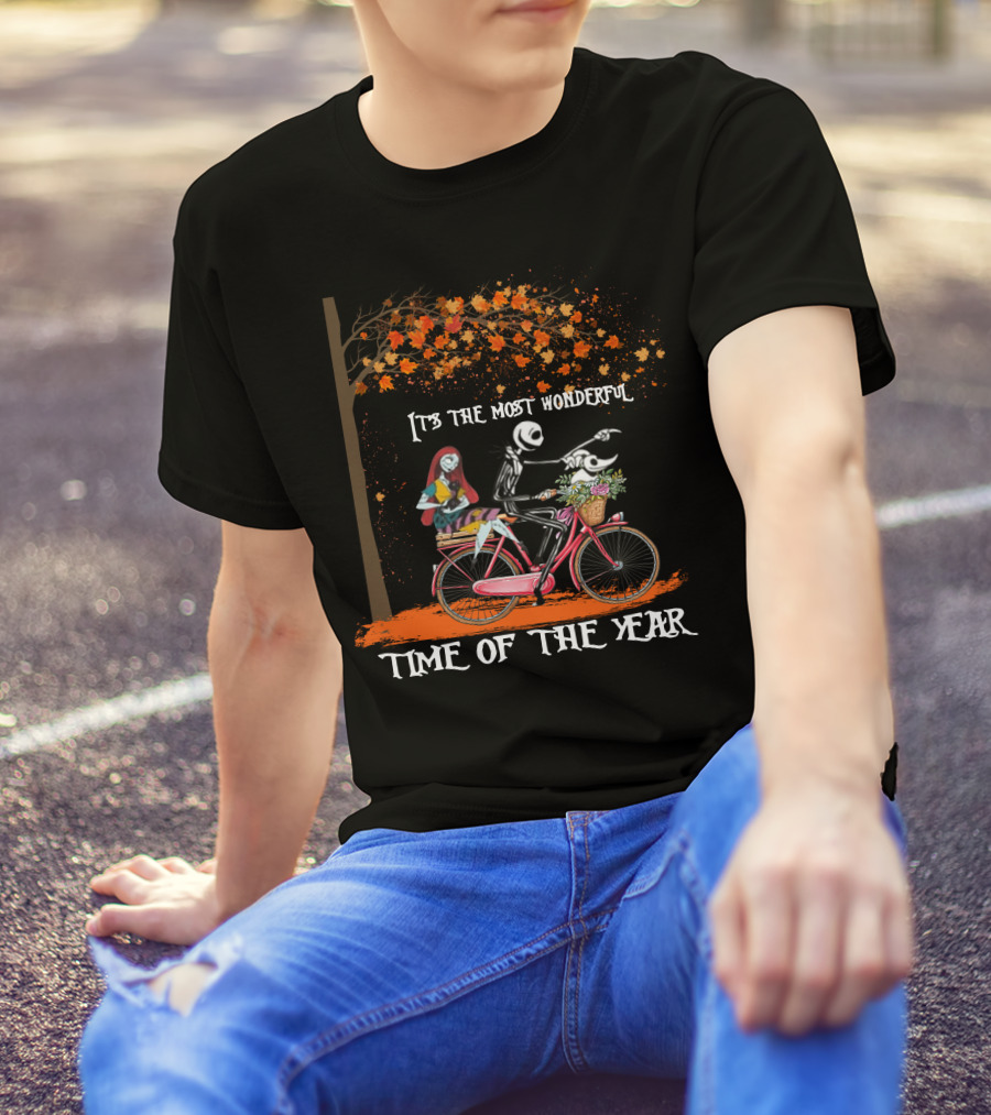 Jack Skellington And Sally On Bicycle Under Autumn Tree It's The Most Wonderful Time Of The Year T-Shirt