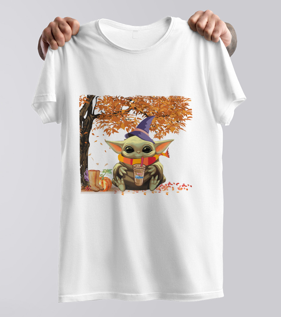 Baby Yoda Autumn Magic Coffee Hug Halloween Wizard Hat Scarf Pumpkin Leaves T-Shirt
