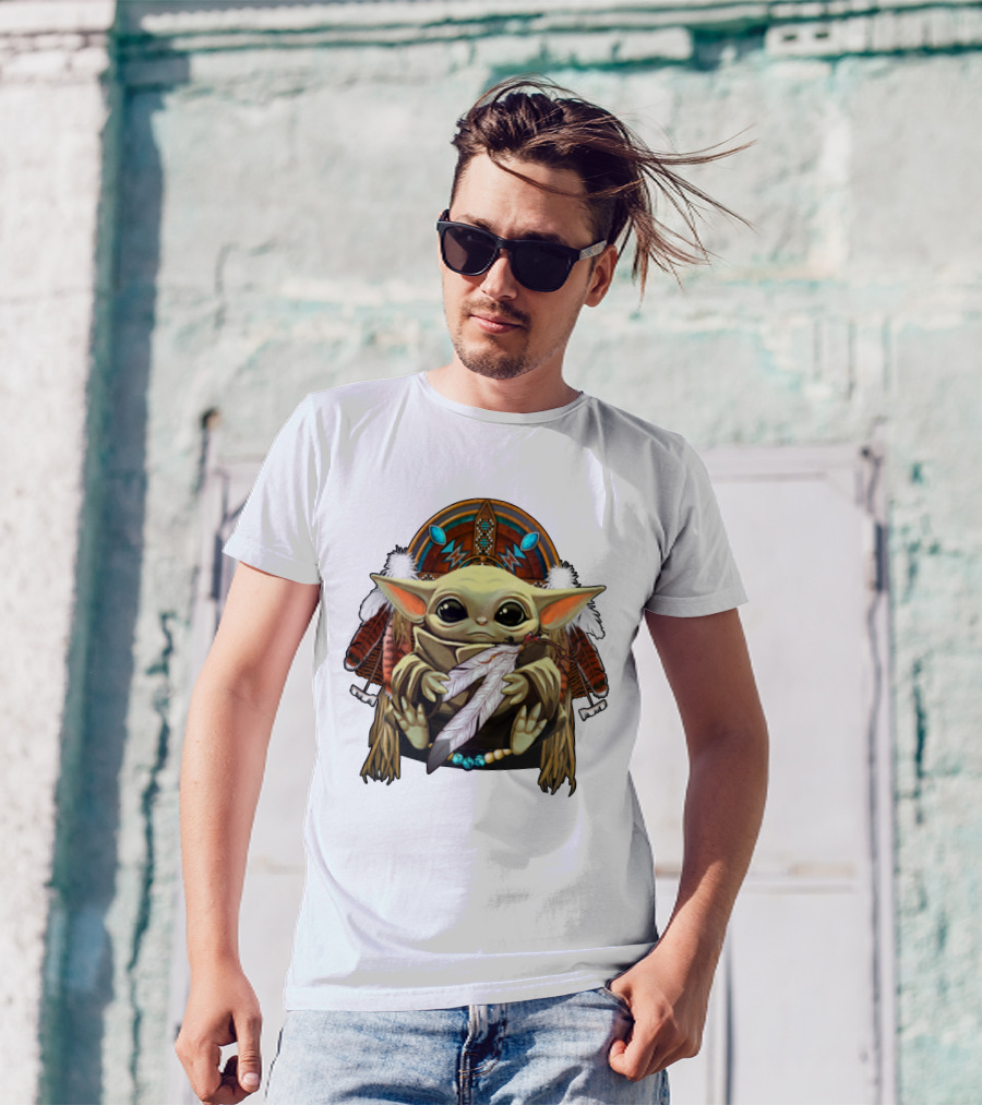 Baby Yoda Native American Headdress Feathers And Beads T-Shirt