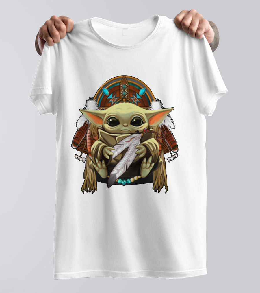 Baby Yoda Native American Headdress Feathers And Beads T-Shirt