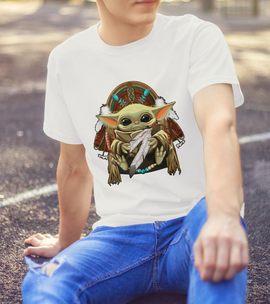 Baby Yoda Native American Headdress Feathers And Beads T-Shirt