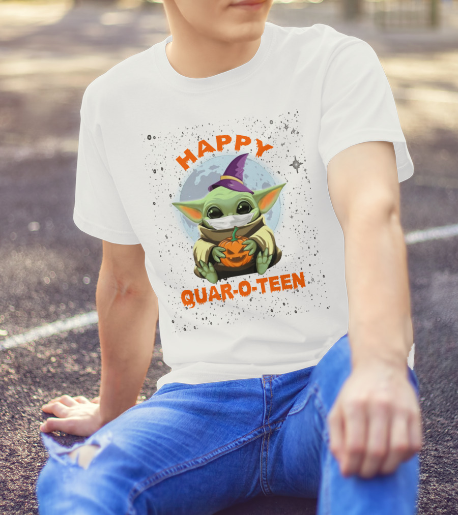 Baby Yoda Happy Quaroteen Halloween Pumpkin Wizard Hat T-Shirt