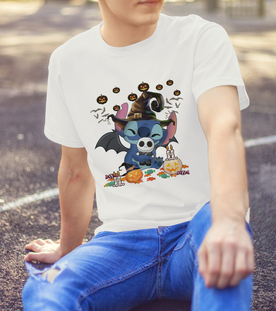 Happy Halloween Stitch Hugs Witch Baby Jack Skellington Pumpkins Candles Bats T-Shirt