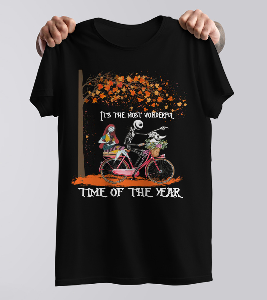 Jack And Sally It's The Most Wonderful Time Of The Year Bicycle Ride Under Autumn Tree T-Shirt