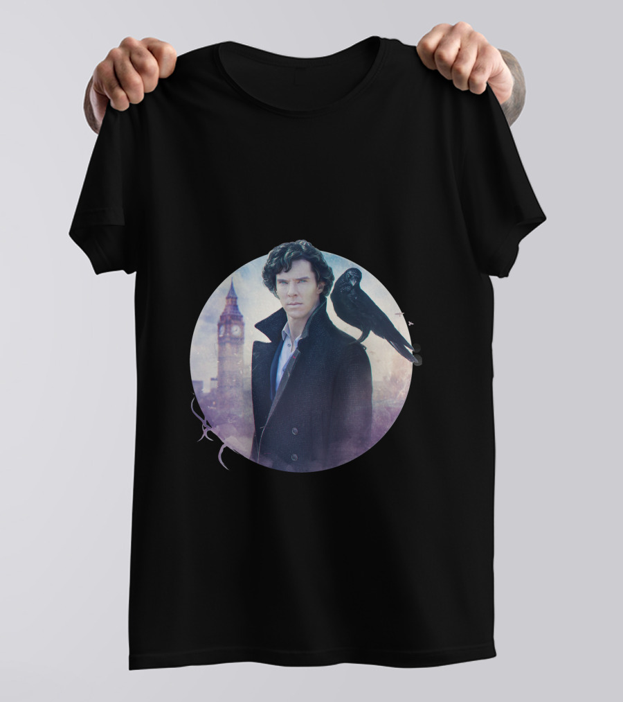 S.H Art Detective Silhouette With Crow And Clock Tower T-Shirt