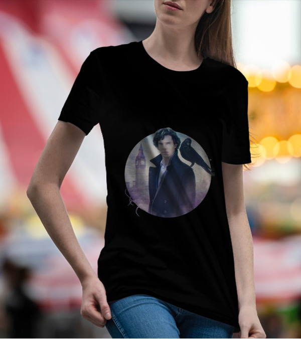 S.H Art Detective Silhouette With Crow And Clock Tower T-Shirt