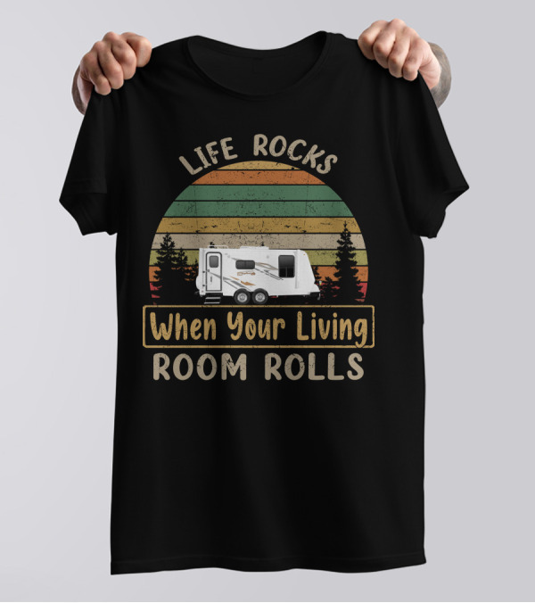 Life Rocks When Your Living Room Rolls Bigfoot RV Vintage Striped Sunset T-Shirt