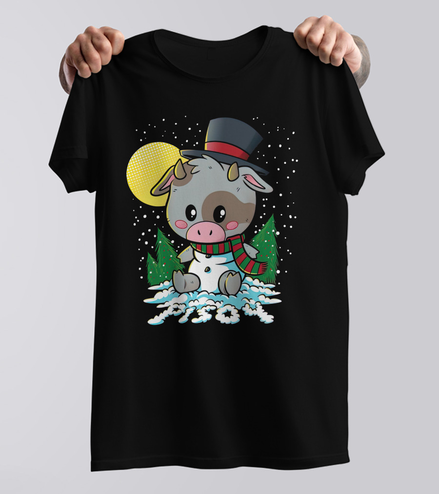 Piso4 Cute Cow In Snow With Top Hat And Scarf Winter Scene T-Shirt
