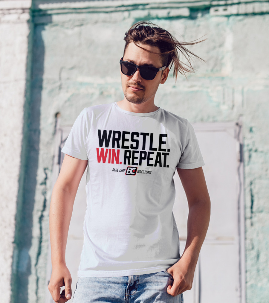 Wrestle Win Repeat Blue Chip BC Wrestling T-Shirt