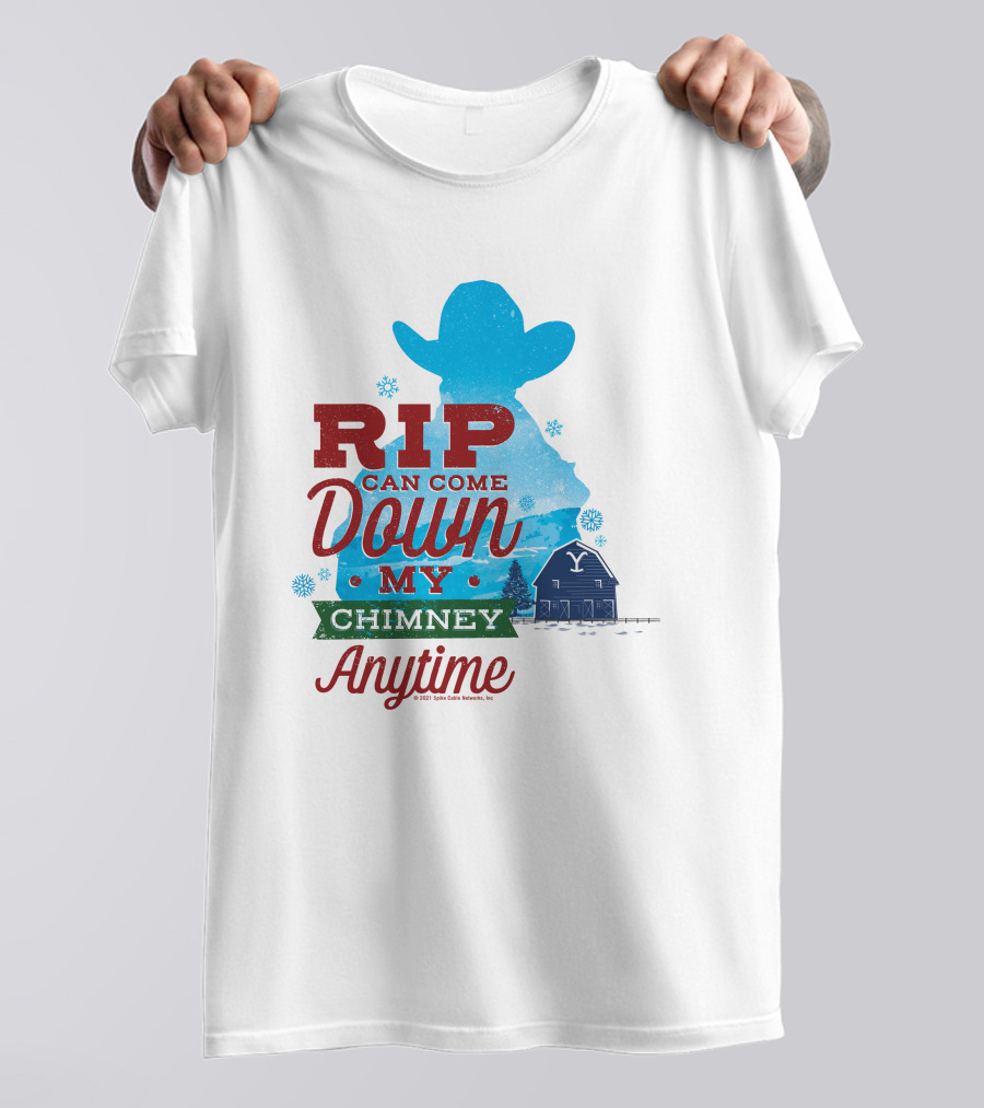 Rip Can Come Down My Chimney Anytime Blue Cowboy Silhouette Snowflakes Barn T-Shirt