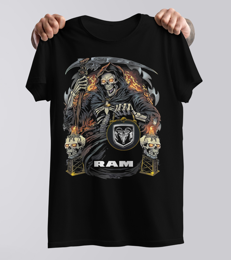 Ram Grim Reaper Skull Flames T-Shirt