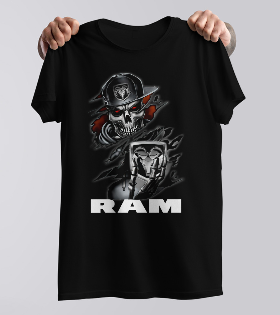 Ram Skull Skeleton With Baseball Cap And Glowing Red Eyes T-Shirt