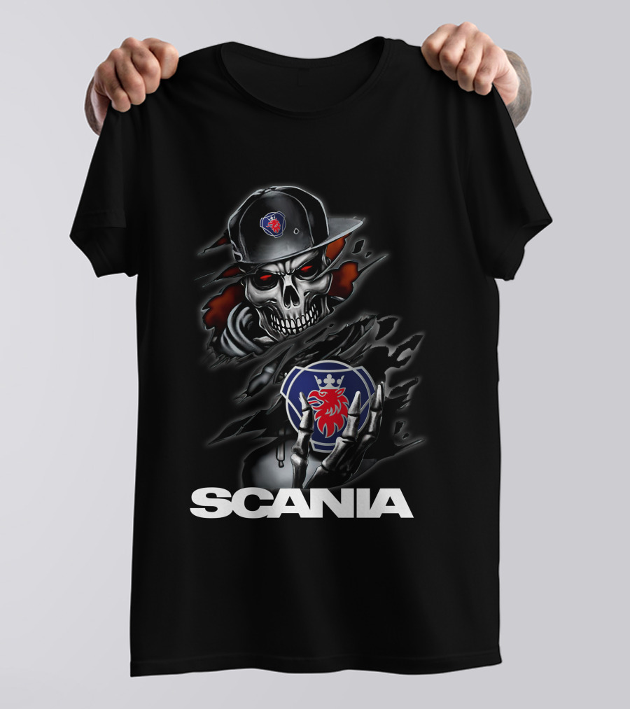 Scania Skull Emblem With Cap And Red-Eyed Skeleton T-Shirt