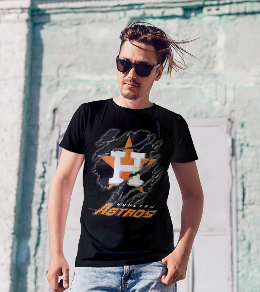Houston Astros Logo With Orange Star And Dynamic Ripped Effect T-Shirt