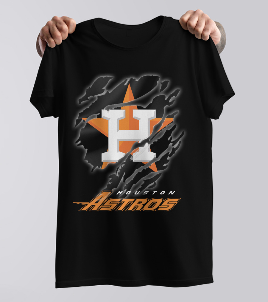 Houston Astros Logo With Orange Star And Dynamic Ripped Effect T-Shirt