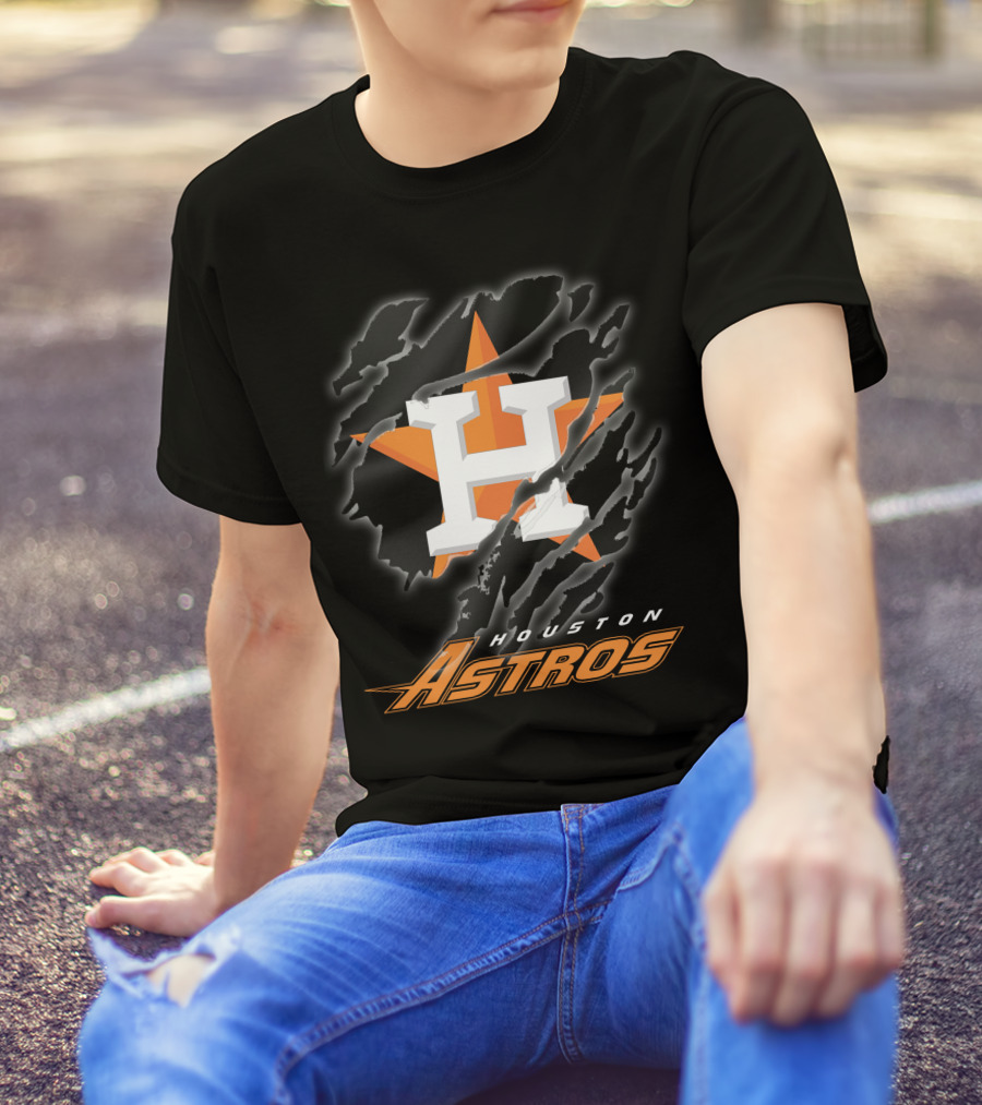 Houston Astros Logo With Orange Star And Dynamic Ripped Effect T-Shirt