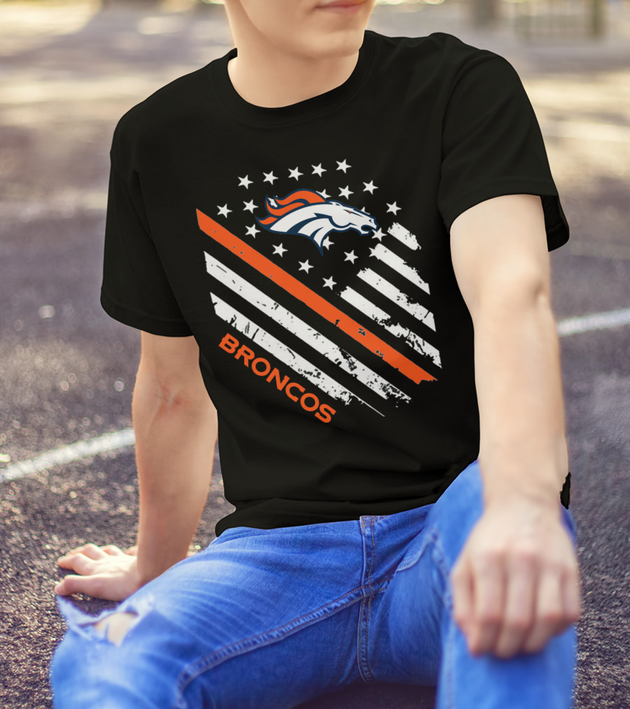 Broncos Logo With Stars And Stripes In Orange And White T-Shirt