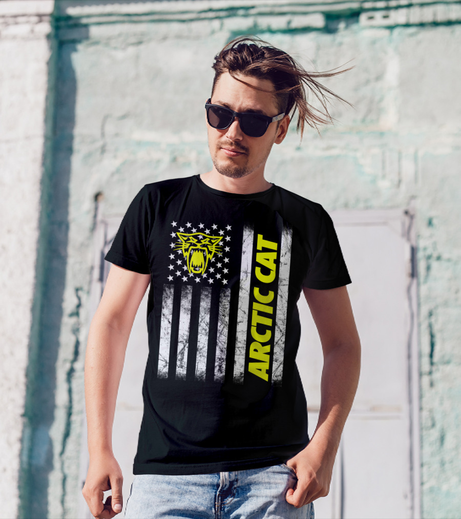 Arctic Cat Yellow Logo With American Flag Stripes And Stars T-Shirt