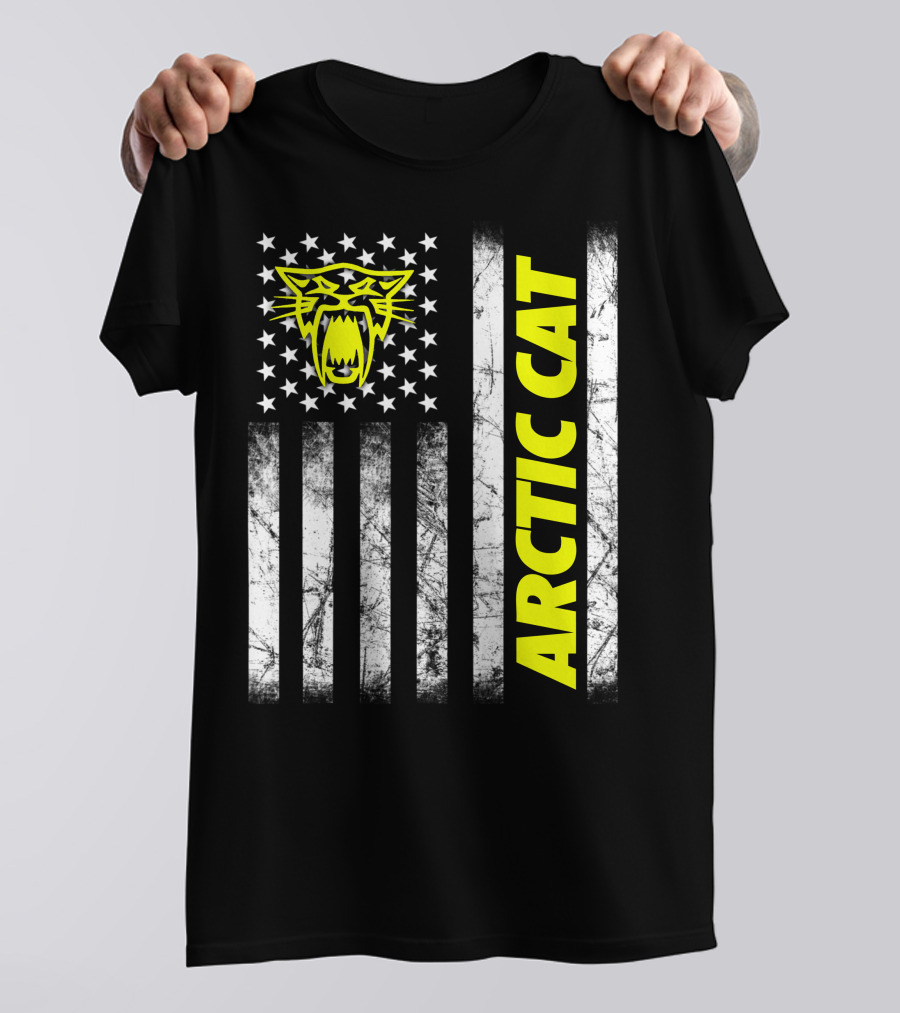 Arctic Cat Yellow Logo With American Flag Stripes And Stars T-Shirt