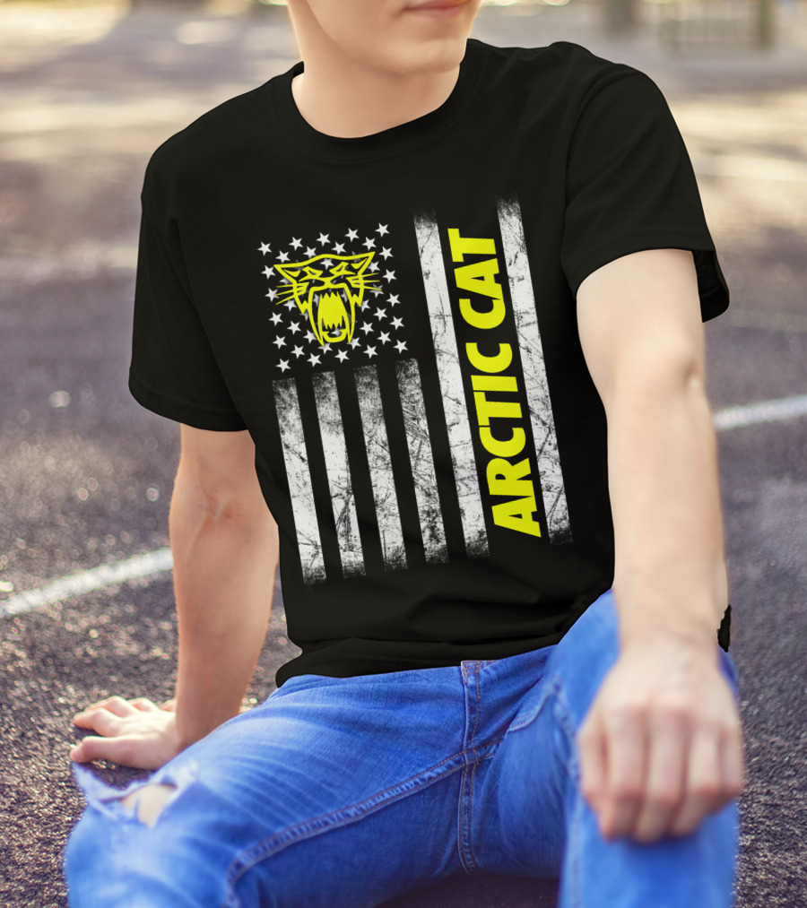 Arctic Cat Yellow Logo With American Flag Stripes And Stars T-Shirt