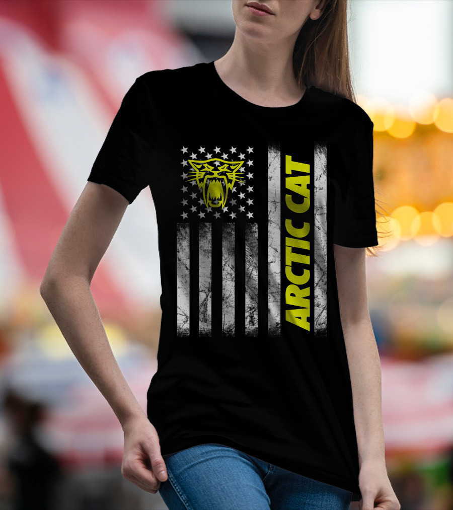 Arctic Cat Yellow Logo With American Flag Stripes And Stars T-Shirt