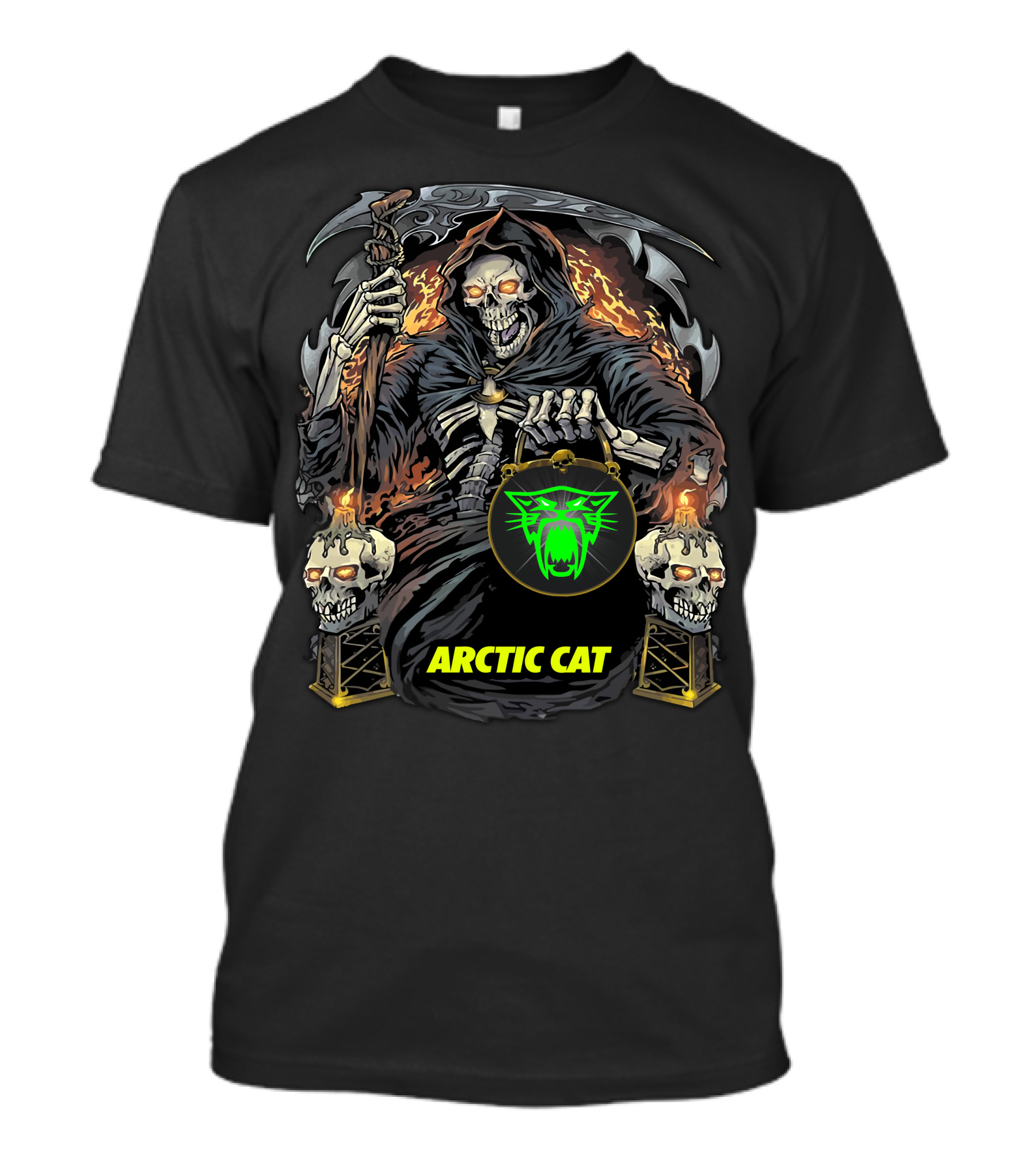 Arctic Cat Grim Reaper Skeleton Holding Scythe And Neon Green Cat T-Shirt