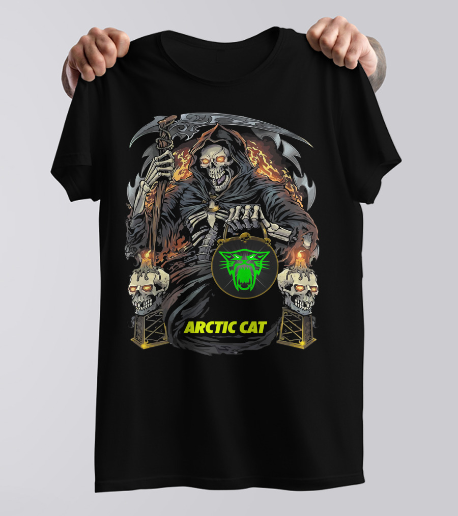 Arctic Cat Grim Reaper Skeleton Holding Scythe And Neon Green Cat T-Shirt