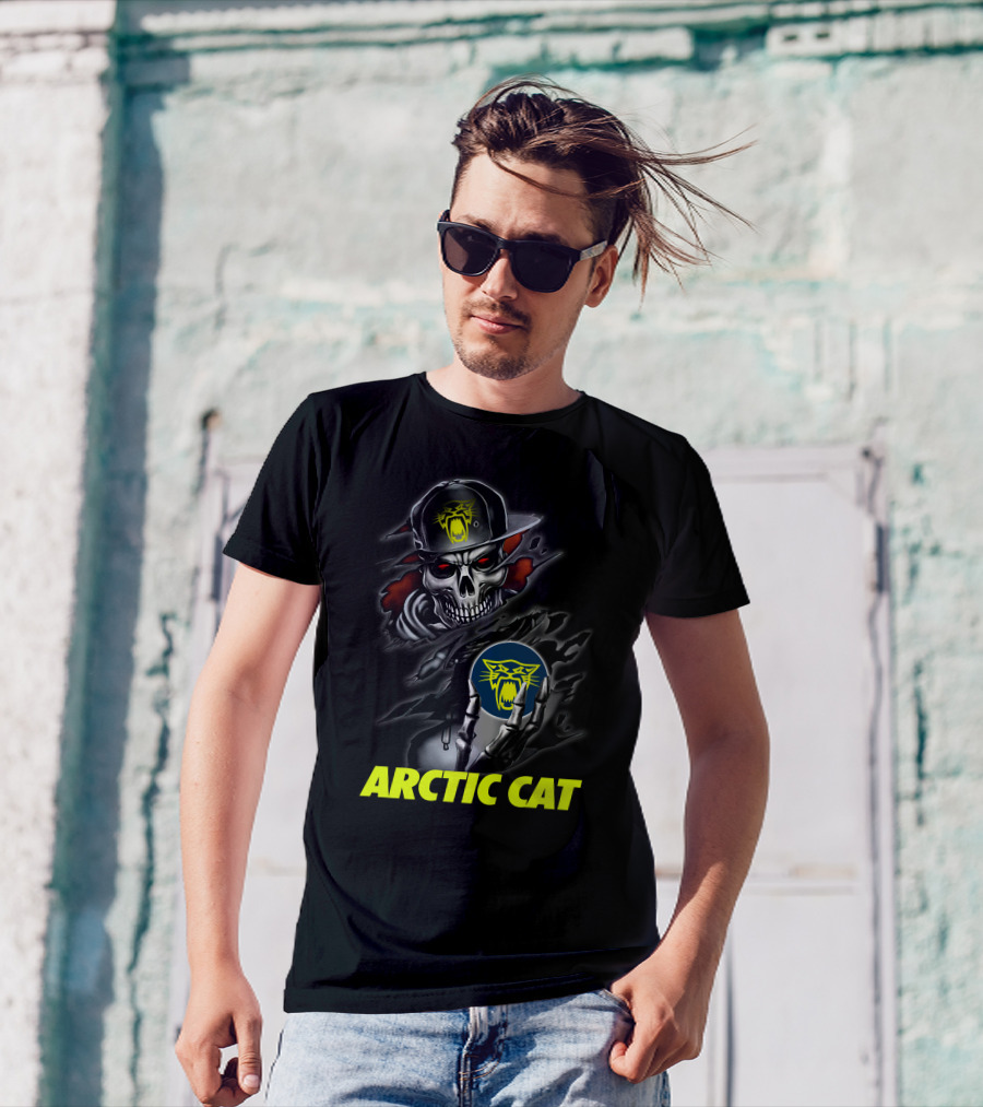 Arctic Cat Skull Skeleton With Hat Holding T-Shirt