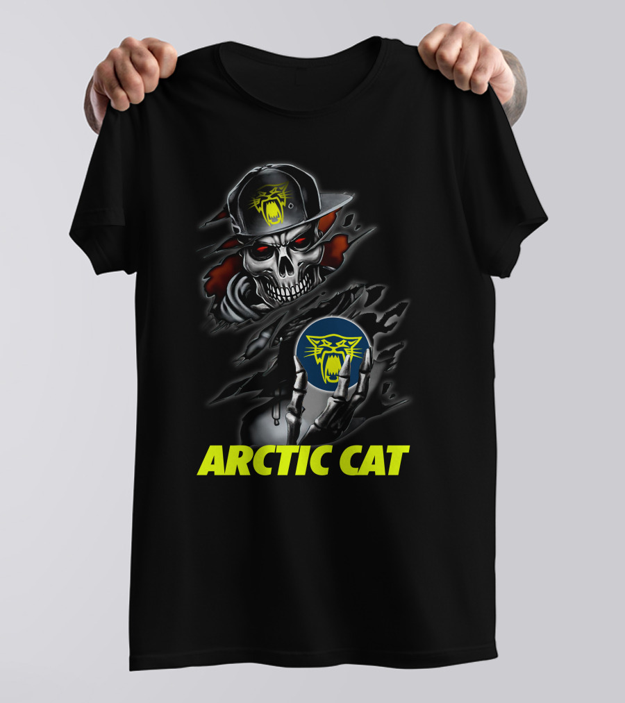 Arctic Cat Skull Skeleton With Hat Holding T-Shirt