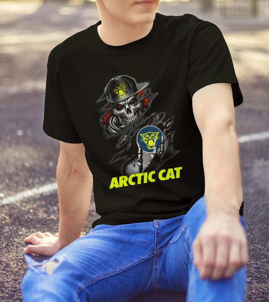 Arctic Cat Skull Skeleton With Hat Holding T-Shirt