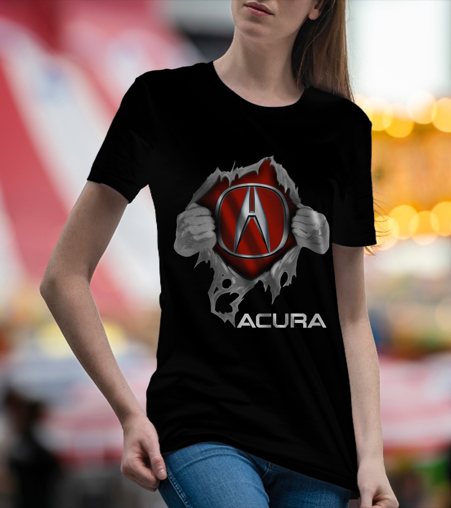 Acura Logo With Hands Tearing Through Red Background Iconic Symbol T-Shirt