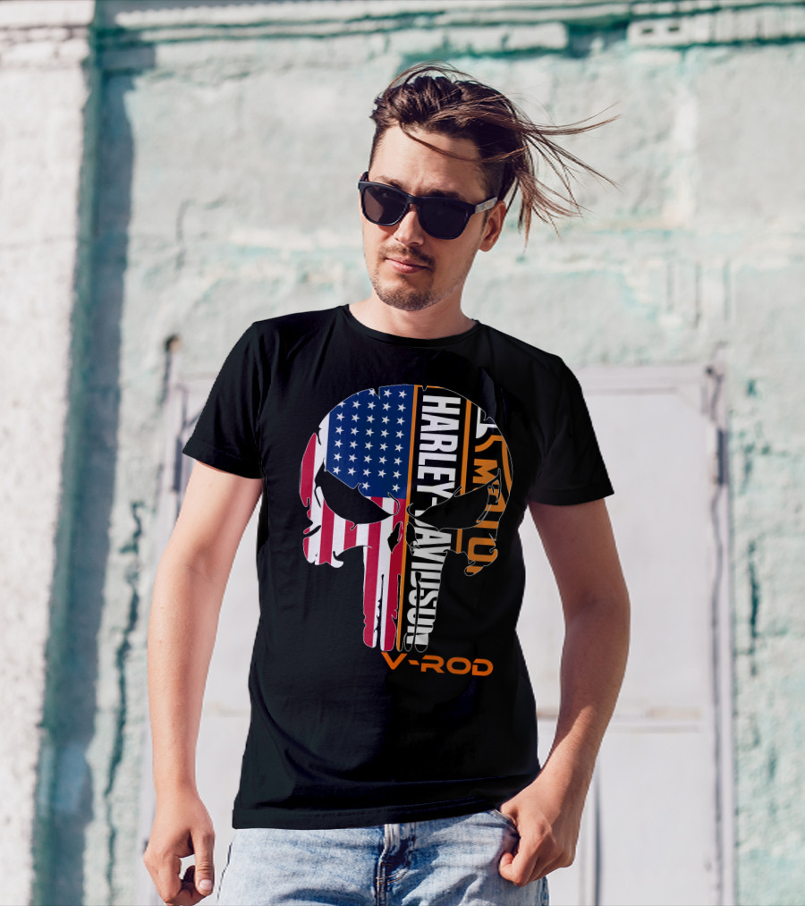 V-Rod Harley Davidson American Flag Skull T-Shirt