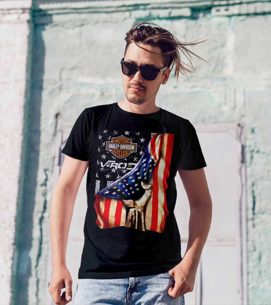 Harley Davidson Motor Cycles Vrod 12 American Flag Fist T-Shirt