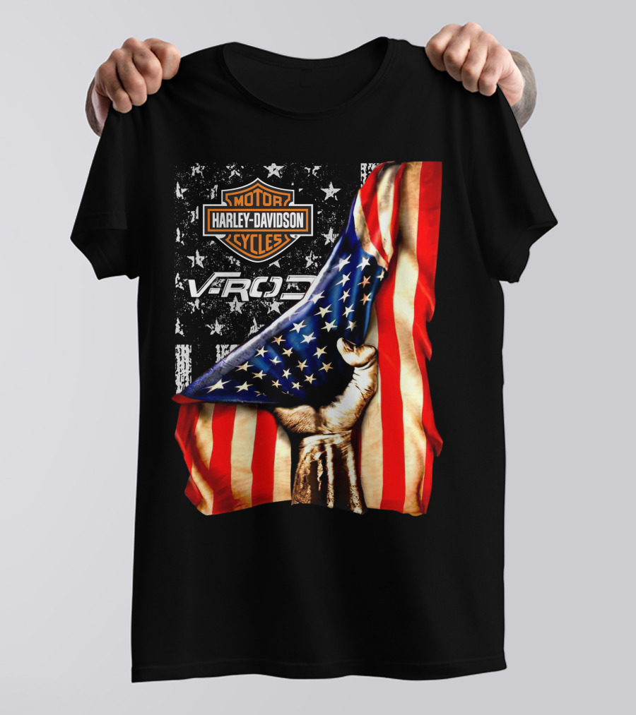 Harley Davidson Motor Cycles Vrod 12 American Flag Fist T-Shirt