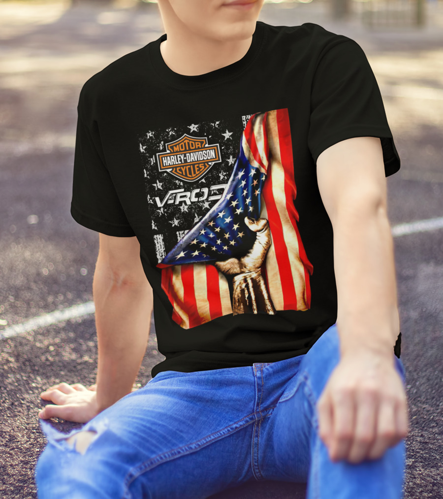 Harley Davidson Motor Cycles Vrod 12 American Flag Fist T-Shirt