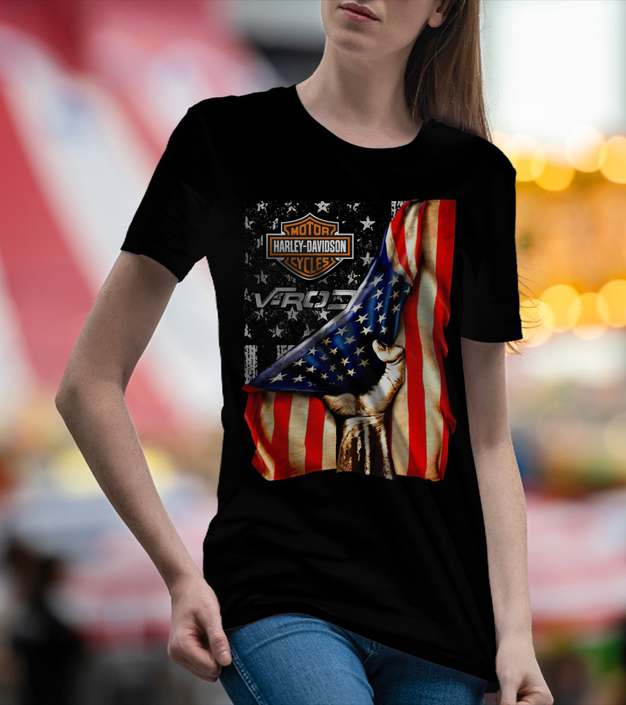 Harley Davidson Motor Cycles Vrod 12 American Flag Fist T-Shirt