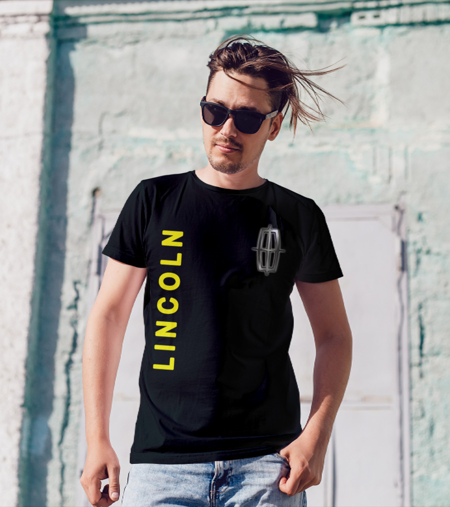 Lincoln Logo Vertical Yellow Text Black T-Shirt
