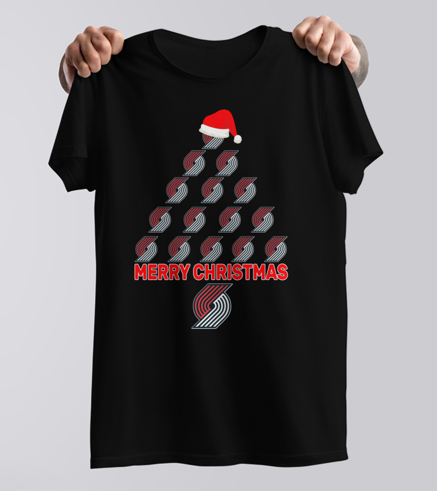 Merry Christmas Portland Trail Blazers Fans Tree With Santa Hat T-Shirt