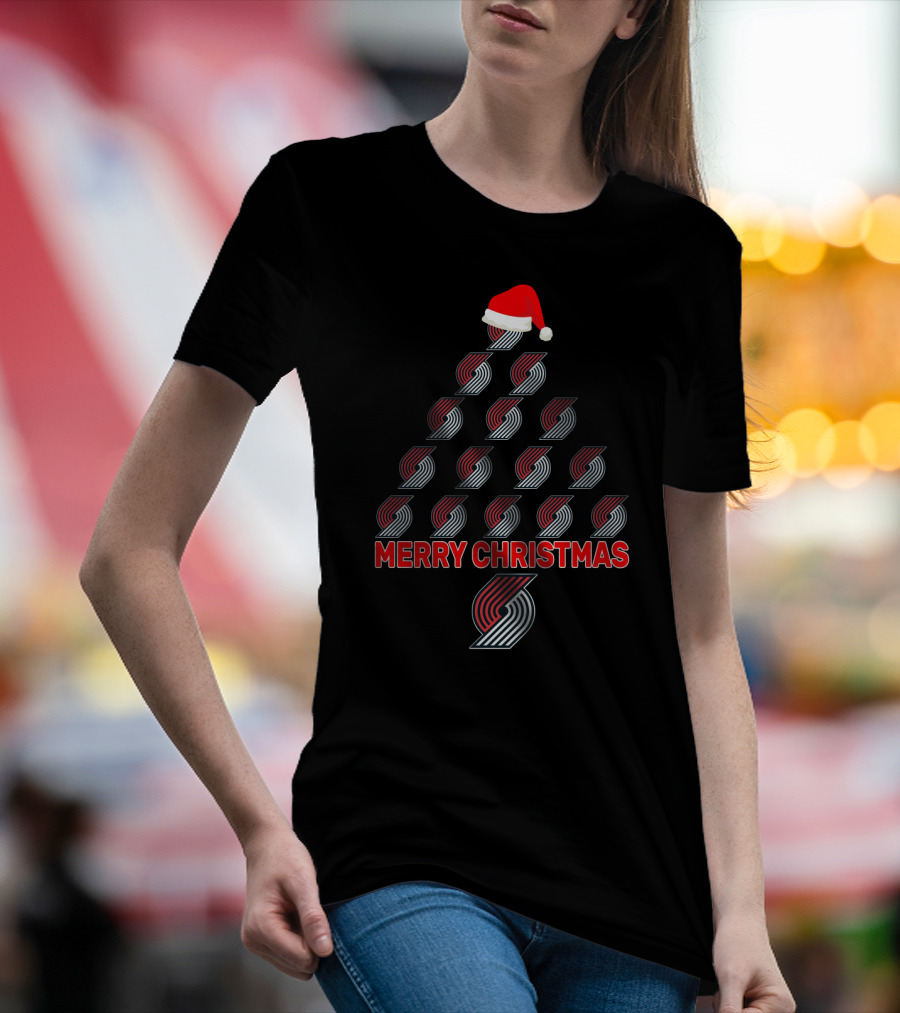 Merry Christmas Portland Trail Blazers Fans Tree With Santa Hat T-Shirt