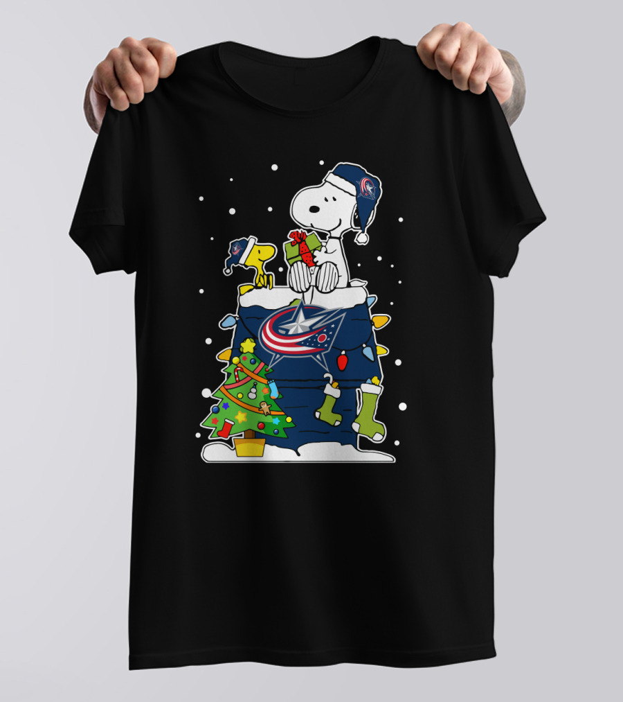 Columbus Blue Jackets Snoopy With Woodstock Christmas T-Shirt