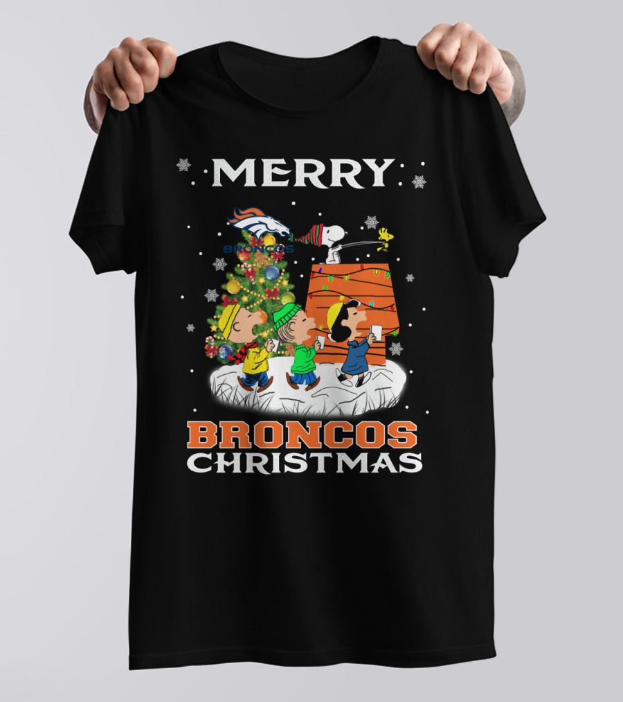 Merry Broncos Christmas Snoopy Fans Denver Christmas Tree Peanuts T-Shirt