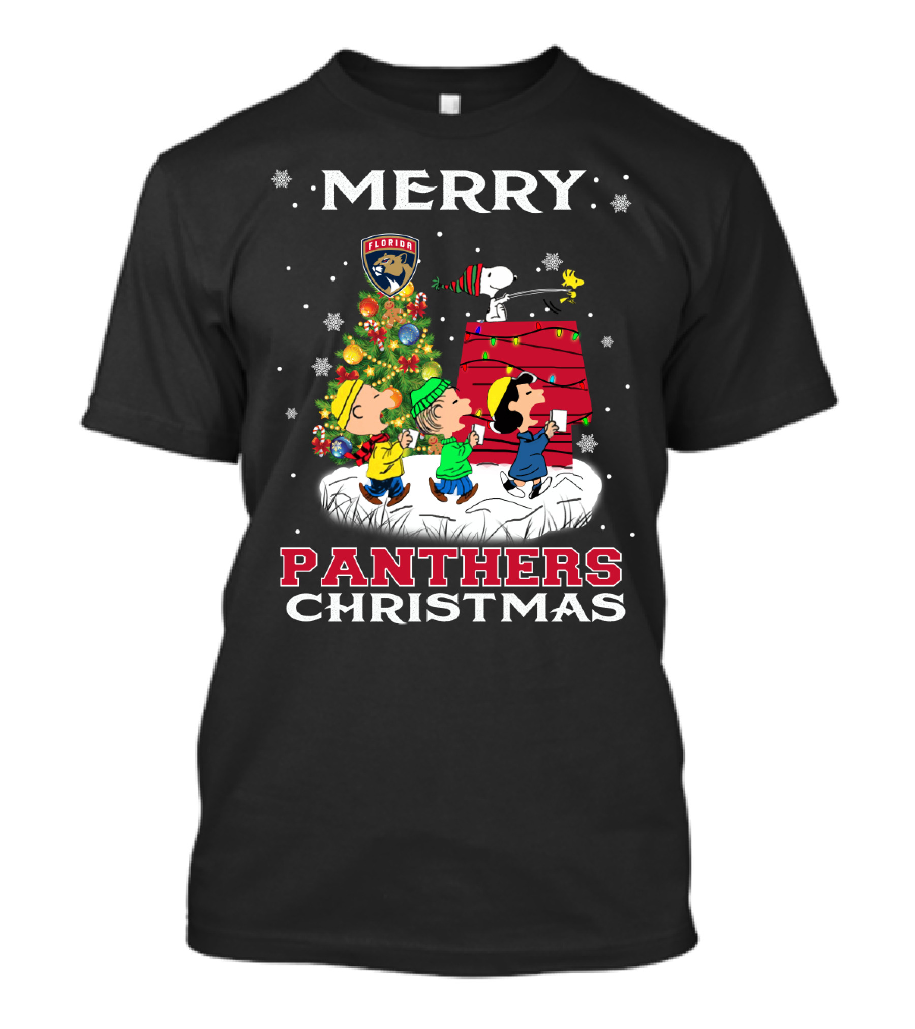 Merry Florida Panthers Christmas For Snoopy Fans With Charlie Brown And Woodstock T-Shirt