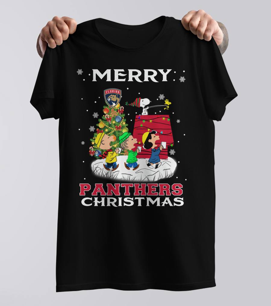 Merry Florida Panthers Christmas For Snoopy Fans With Charlie Brown And Woodstock T-Shirt