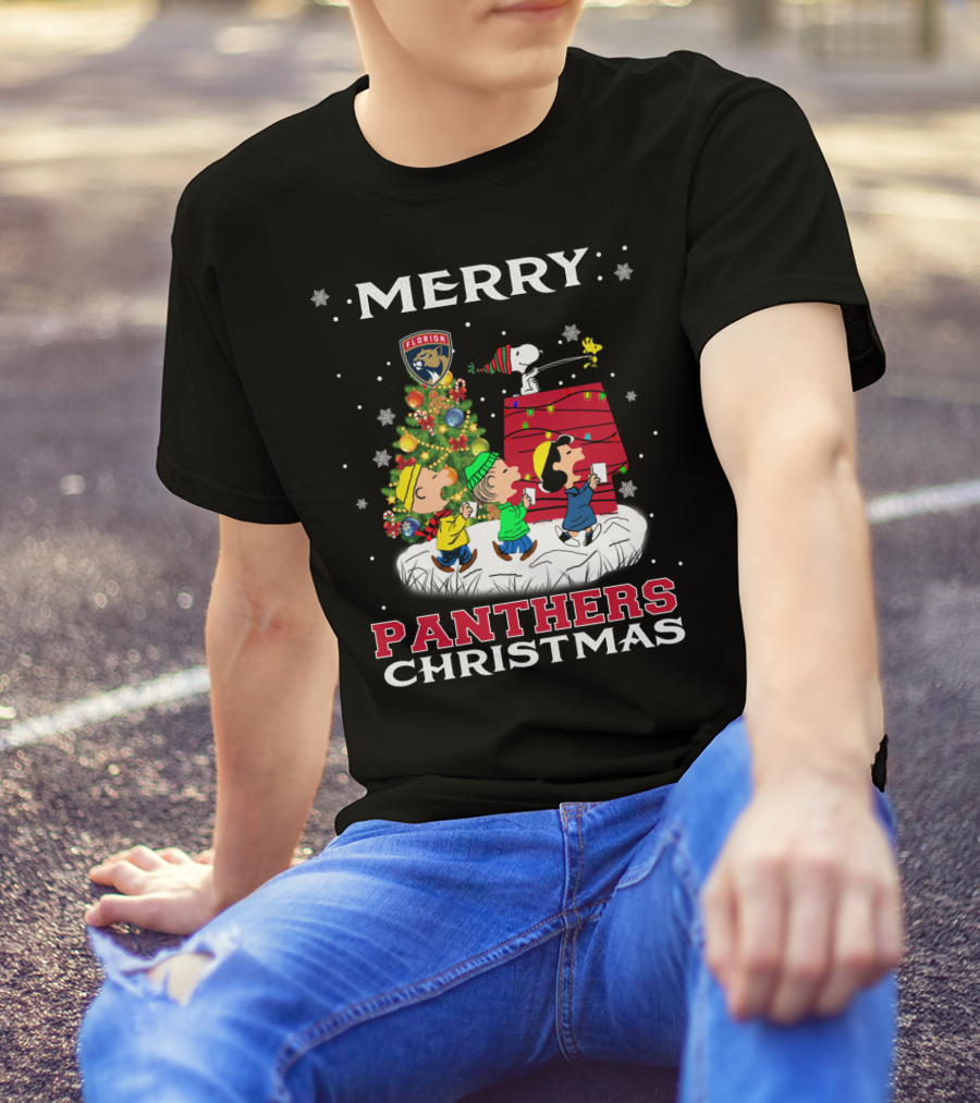 Merry Florida Panthers Christmas For Snoopy Fans With Charlie Brown And Woodstock T-Shirt