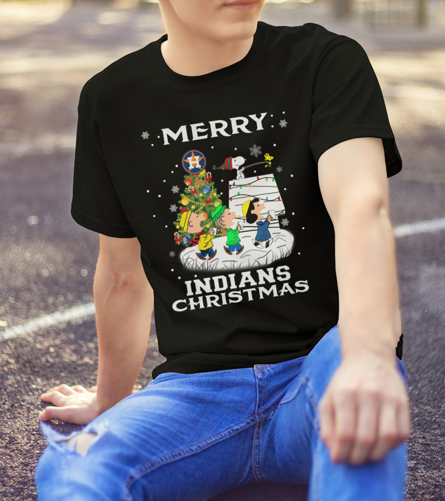Merry Houston Astros Indians Christmas For Snoopy Fans T-Shirt