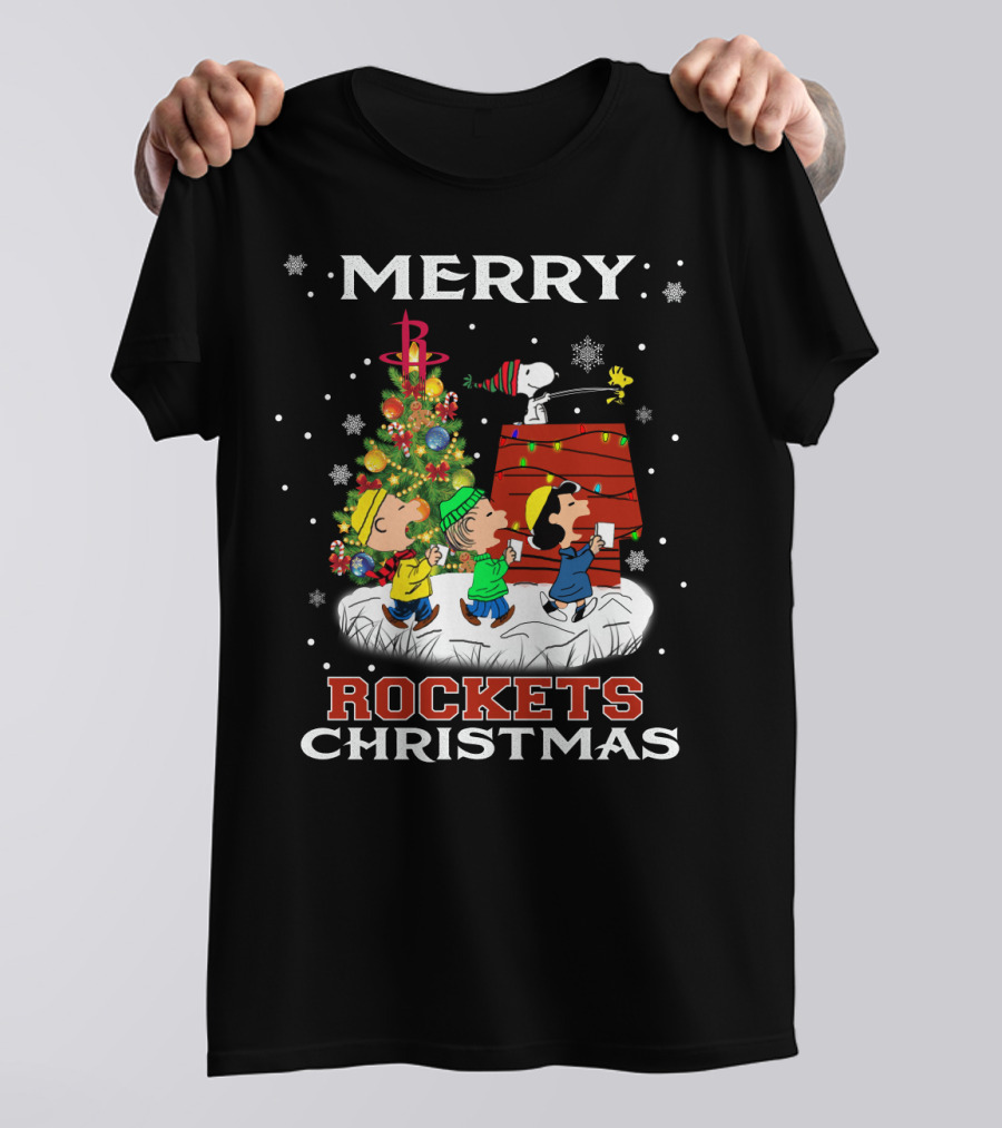 Merry Houston Rockets Christmas Snoopy Friends Peanuts Holiday Tree T-Shirt