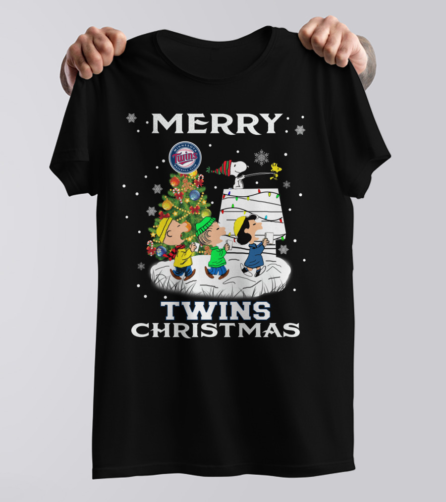Merry Minnesota Twins Christmas Snoopy Charlie Brown Tree Woodstock T-Shirt